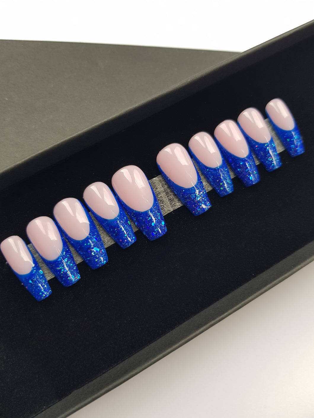 Press On Nails || medium coffin Blue glitter french || Custom & Handmade Luxury False Nails || Made In UK