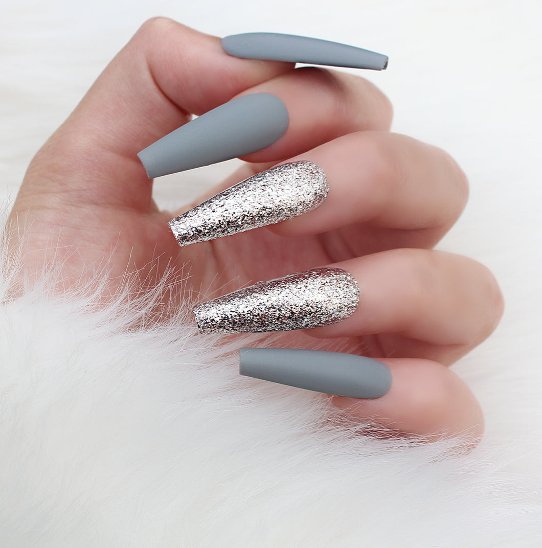Grey matte Glitter Press On Nails
