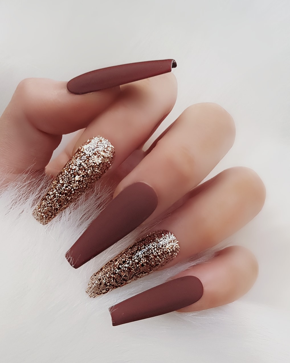 Chocolate matte brown nails with gold glitter accent