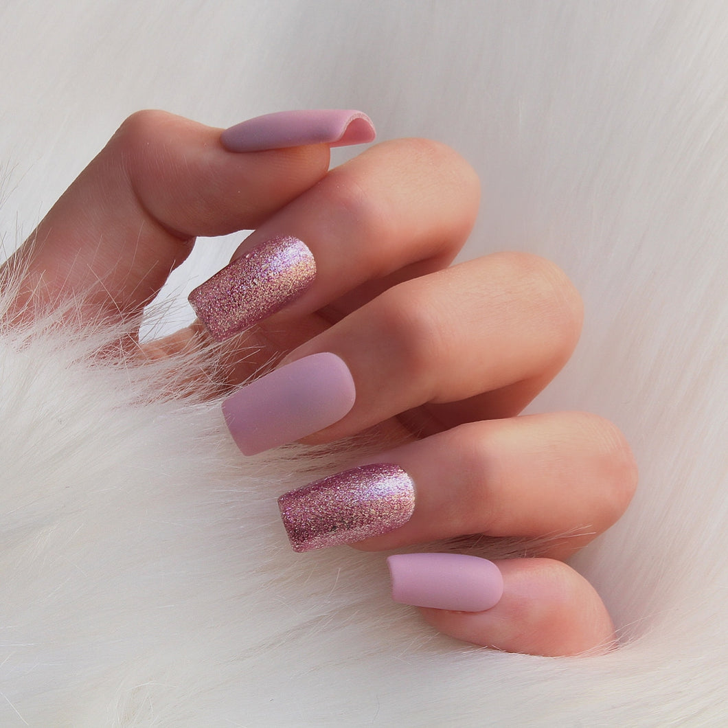 Matte Dusky Pink , Pink Gloss Accent press on nails