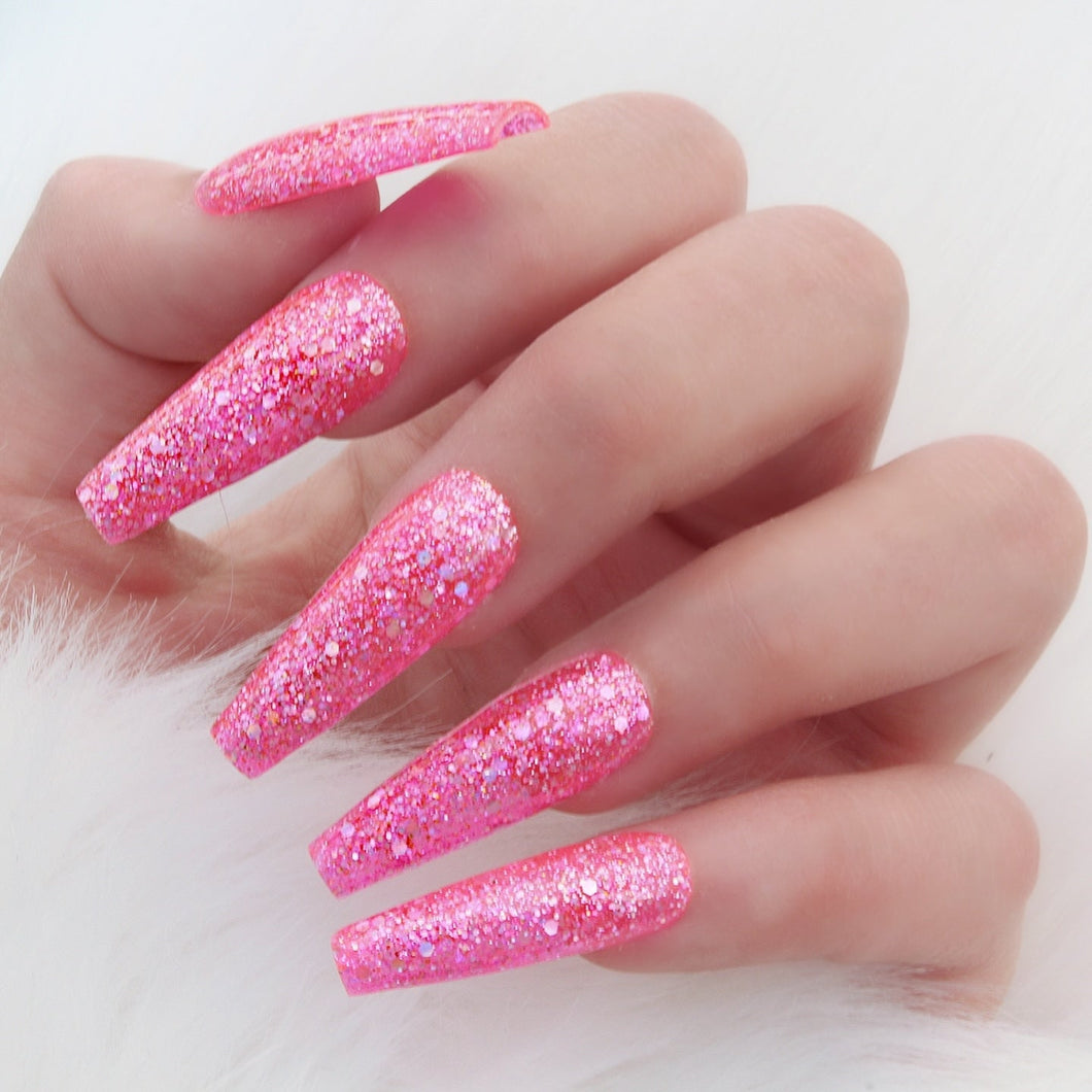 Barbie Pink Glitter Coffin Press On Nails - Long coffin -